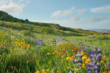 Wildflowers Blooming in a Grassy Meadow on a Sunny Day
