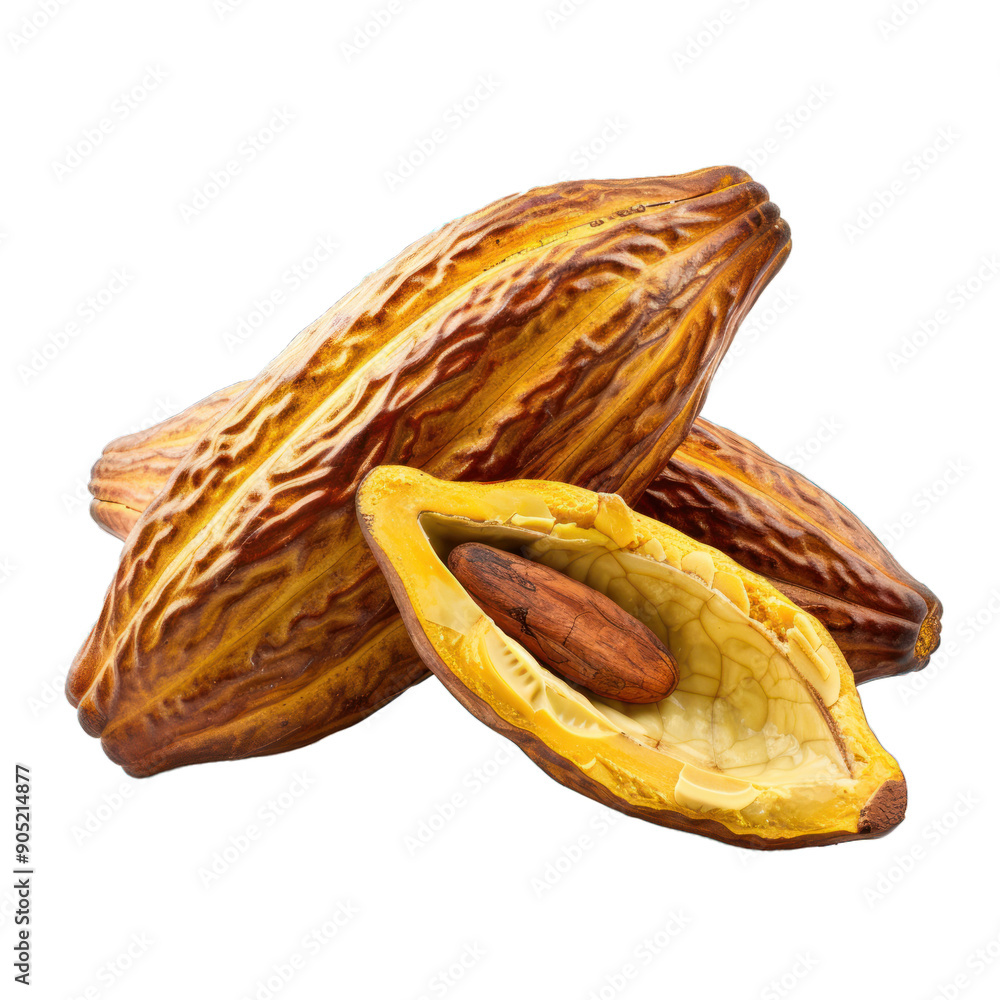 Poster three ripe cocoa pods isolated on a white background, one open pod revealing a cocoa bean