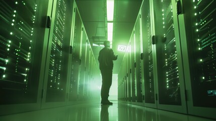 It engineer using a digital interface and controlling server data in a futuristic data center with green lights