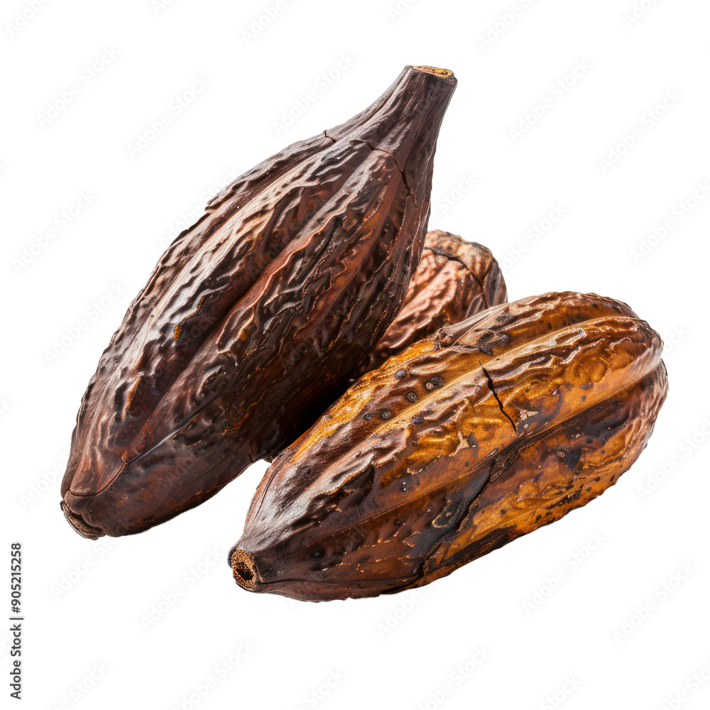 Poster three whole dried cocoa pods forming a triangle shape, isolated on white background