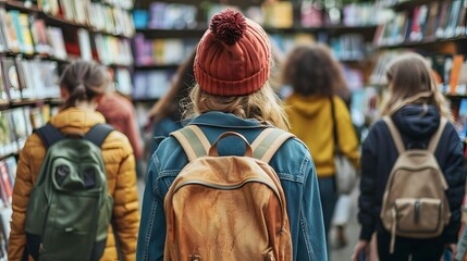 People Walking Through Bookstore With Backpacks