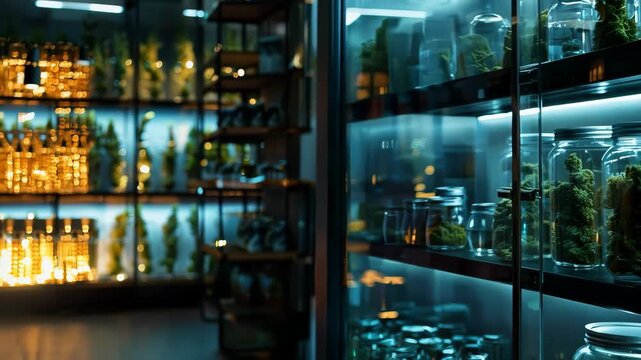 Discover a well-lit cannabis dispensary storage room with organized shelves