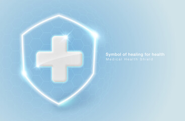 Medical service symbols such as hospital, clinic, ambulance with plus sign icon and glowing shield line. Vector illustration file template.