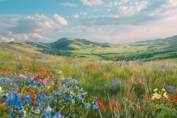 Wildflowers Blooming in a Lush Meadow with Rolling Hills in the Distance