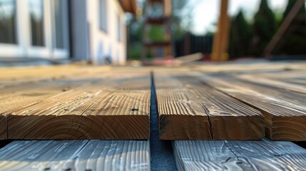 Obraz premium Fragment planks installing wood floor for patio deck with new wooden decking