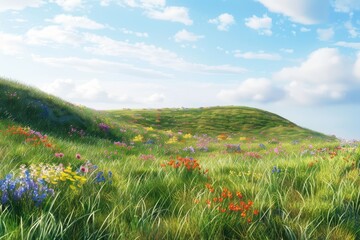A Hillside Meadow With Vibrant Wildflowers and Lush Green Grass Under a Blue Sky