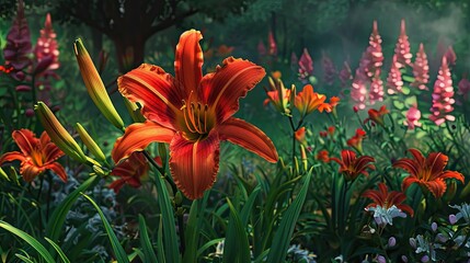 Red daylily flower blooming garden