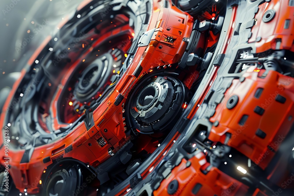 Poster close-up of a futuristic robotic mechanism with red and black intricate details, showcasing advanced