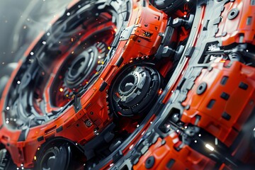 Close-up of a futuristic robotic mechanism with red and black intricate details, showcasing advanced technology in a sci-fi style.