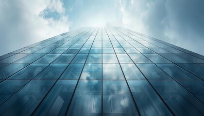 A modern glass skyscraper reaching towards the cloudy sky, reflecting the light and surroundings in its windows.