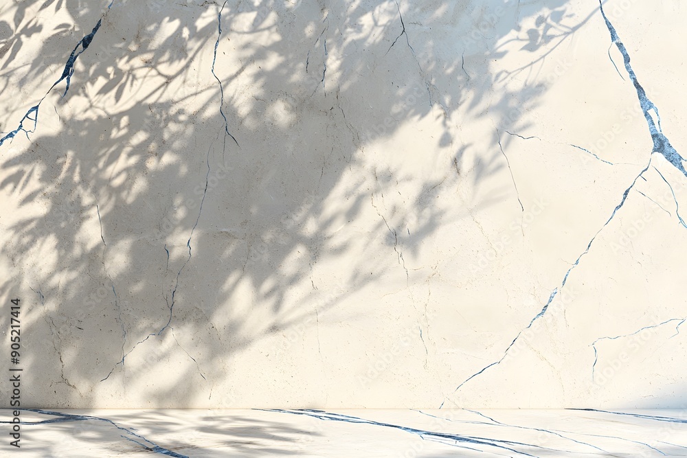 Poster beige marble wall with blue cracks, soft light and shadow, creating an abstract background for produ