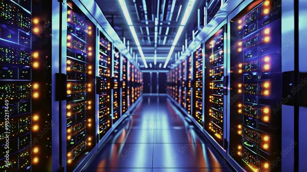 Poster dolly shot in high quality animation of cloud data server panels in a data center.