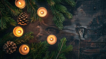 Holiday ambiance with candles and evergreen on wooden surface