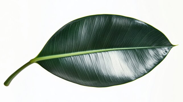 one single tropical rubber tree ficus leaf on white background