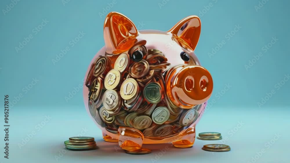 Poster piggy bank filled with growing coins. stop motion animation. rendering