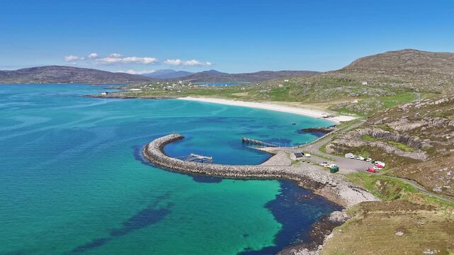 Aerial view of ferry terminal and Prince Charlie's Bay, Eriskay