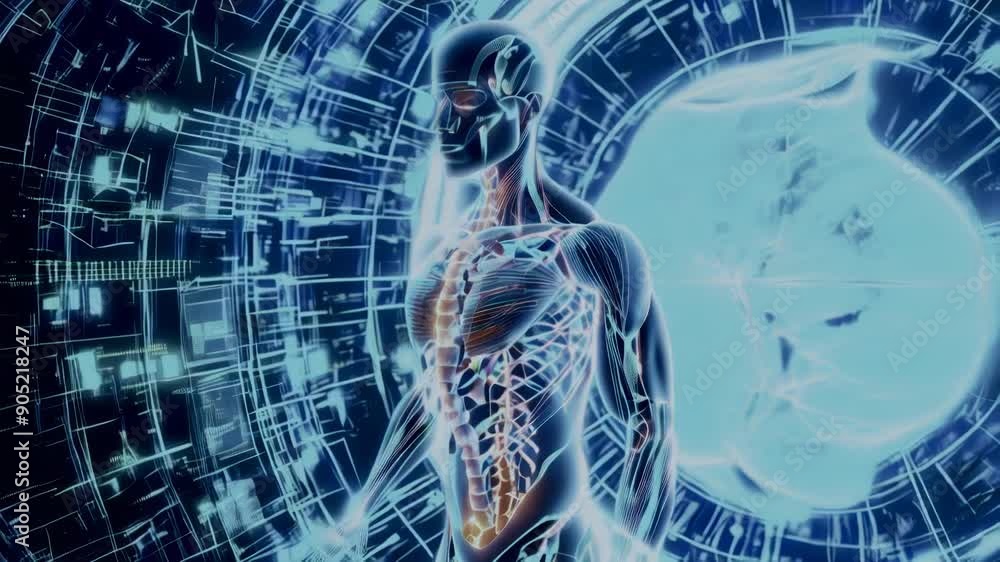 Poster A futuristic HUD interface with a human body in the center. Motion graphics reveal digital data, muscles and skeletons dynamically. The animation is placed close to the viewer with depth of field.