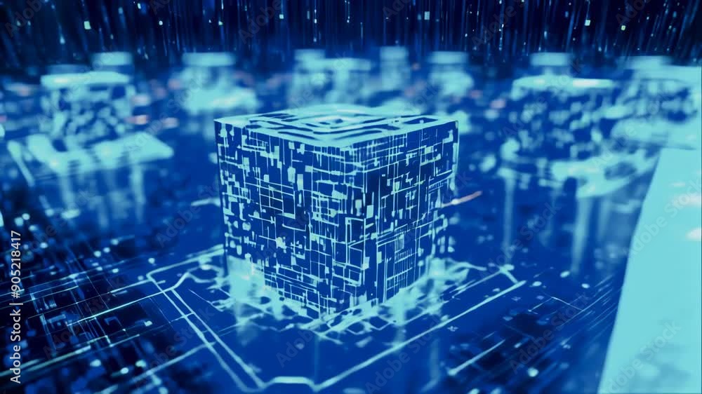 Poster Digital Cube Circle Rotation, Technology and , Digital Data Network and Block chain Connection, Abstract Background
