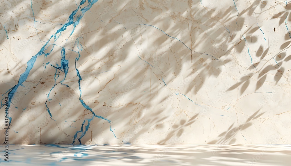 Poster beige marble wall with blue cracks, soft light and shadow, creating an abstract background for produ