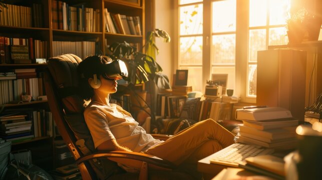 Young woman professional is seated in her home office, immersed in virtual reality with a vr headset - Powered by Adobe
