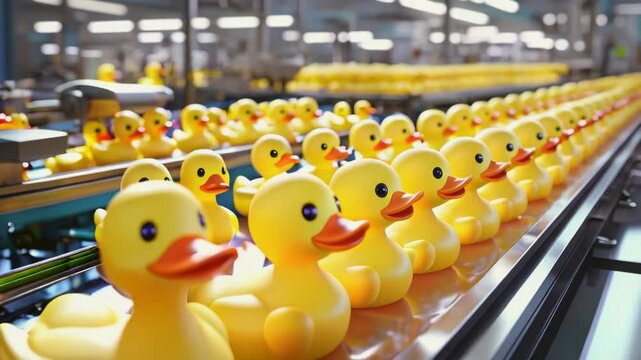 An endless looping animation of yellow rubber ducks moving constantly on a conveyor belt. Factory of kids toys. Packed ducks in the background. resolution.