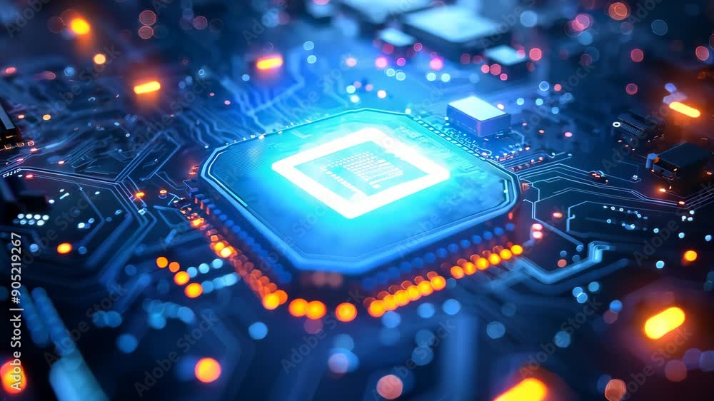 Poster glowing processor chip on futuristic circuit board