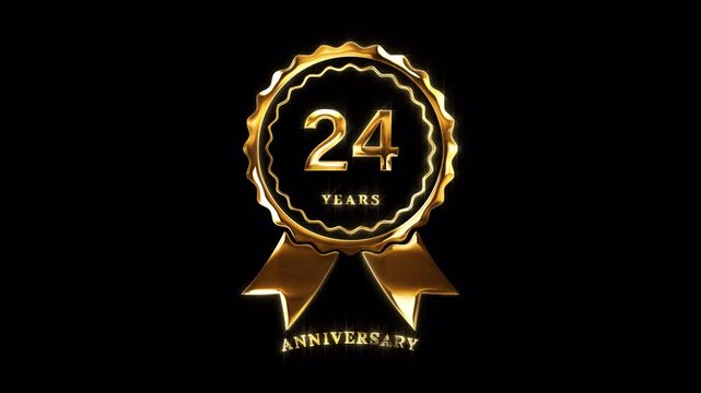 24th Anniversary Celebration. Happy 24 Years Anniversary Animation in Gold Color on the Transparent Background, Alpha Channel. Great for greetings, celebrations, events, and gifts.