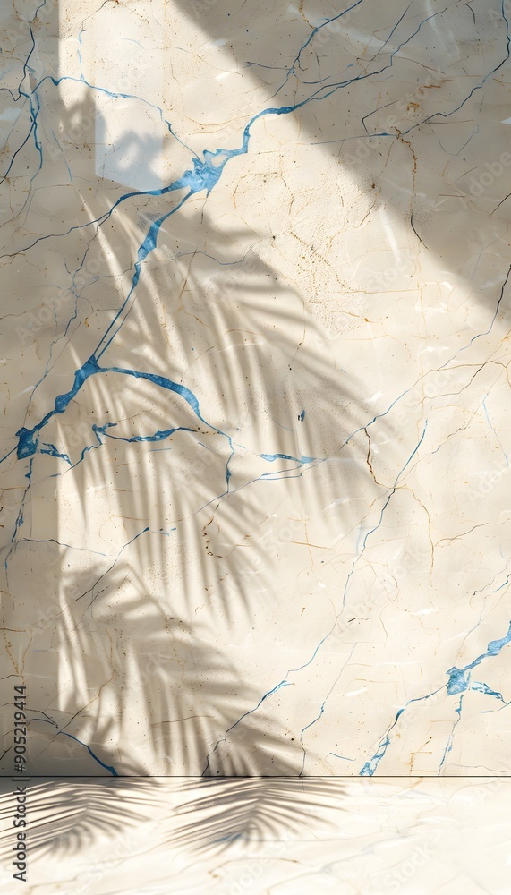 Poster beige marble wall with blue cracks, soft light and shadow, creating an abstract background for produ