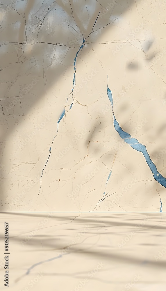 Poster beige marble wall with blue cracks, soft light and shadow, creating an abstract background for produ