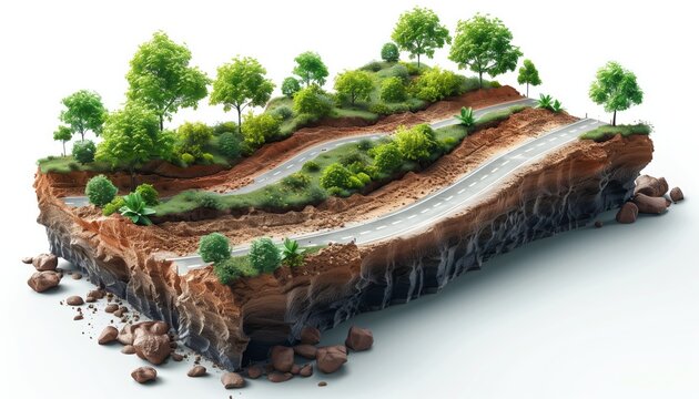 A miniature landscape with a winding road and trees, isolated on white background