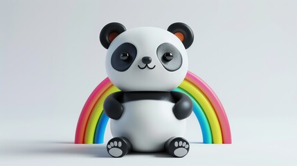 Naklejka premium A cute cartoon panda bear sitting in front of a rainbow on a white background.