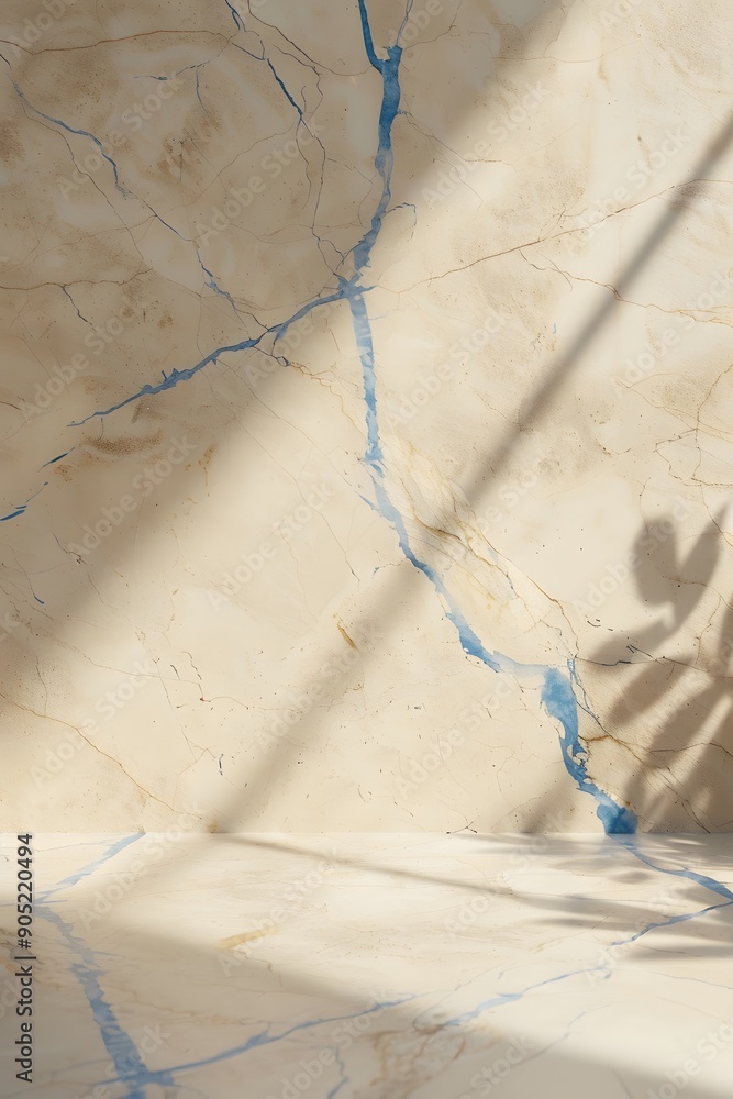 Poster beige marble wall with blue cracks, soft light and shadow, creating an abstract background for produ