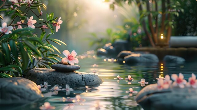 Tranquil spa scene with serene environment and calming elements.