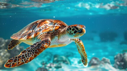 Fototapeta premium Turtle swimming gracefully in a crystal-clear blue sea, showcasing the beauty of marine life and the clean ocean environment.