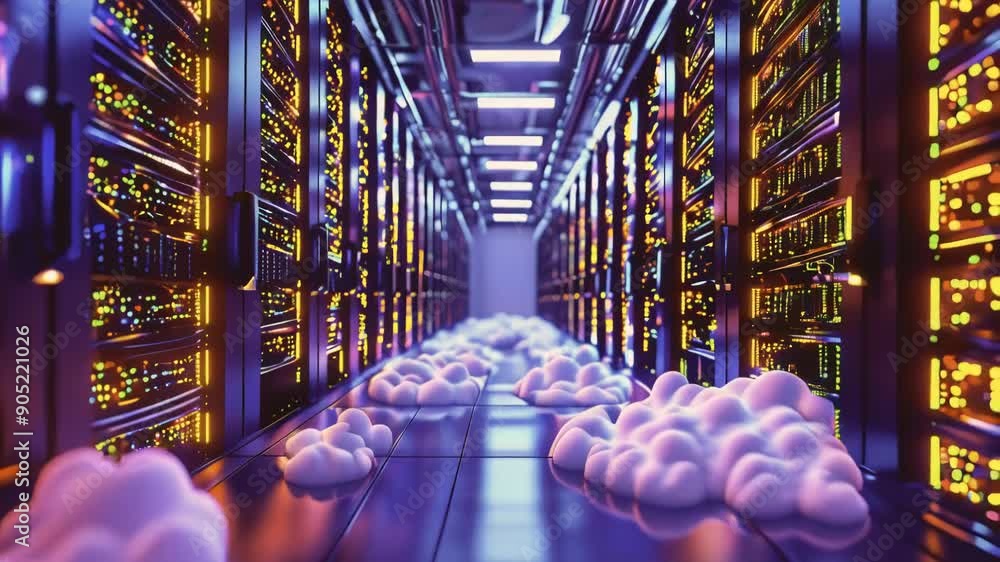 Poster rendering of a cloud data center concept. flow moving through rack servers.