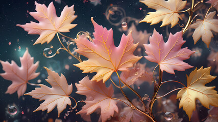 Fototapeta premium Flora. Fabulous, ethereal elegant and bright tones of fantasy autumn leaves, stylized with golden curls and loops, transparent droplets of water, with gilded edges of the petals, muted, pastel soft pi