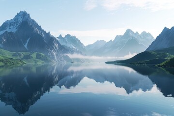 Serene Mountain Lake Reflection with Misty Peaks