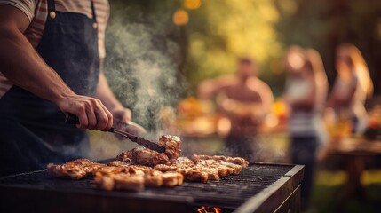 People grilling meat at outdoor party, close-up with garden background