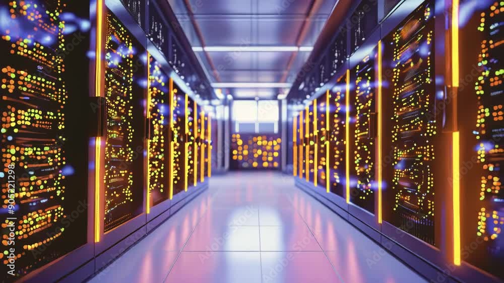 Poster rendering of a cloud data center. flow moving through rack servers.