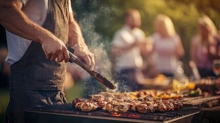 People grilling meat at outdoor party, close-up with garden background