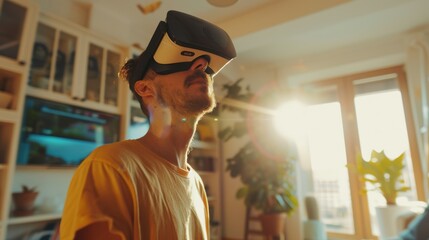 Man wearing a virtual reality headset is immersed in a digital environment, enjoying a futuristic and engaging experience