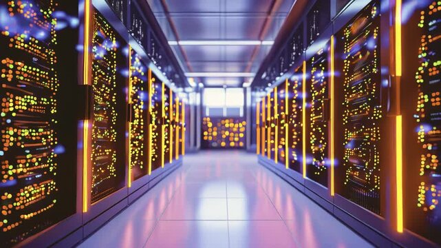 rendering of a cloud data center. Flow moving through rack servers.