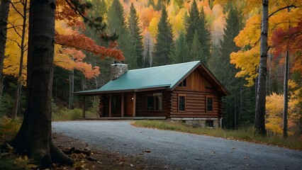 A modern log cabin in the fall.  Mountains and trees with colorful leaves complete the setting.