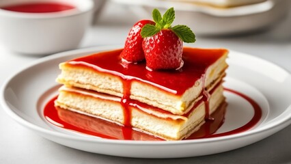  Delicious dessert with strawberry and raspberry sauce