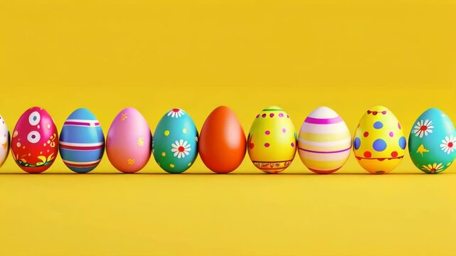 Easter eggs on a yellow background. A row of eggs rolling in one direction. Concept of traditional spring celebration. Symbol of new beginnings.