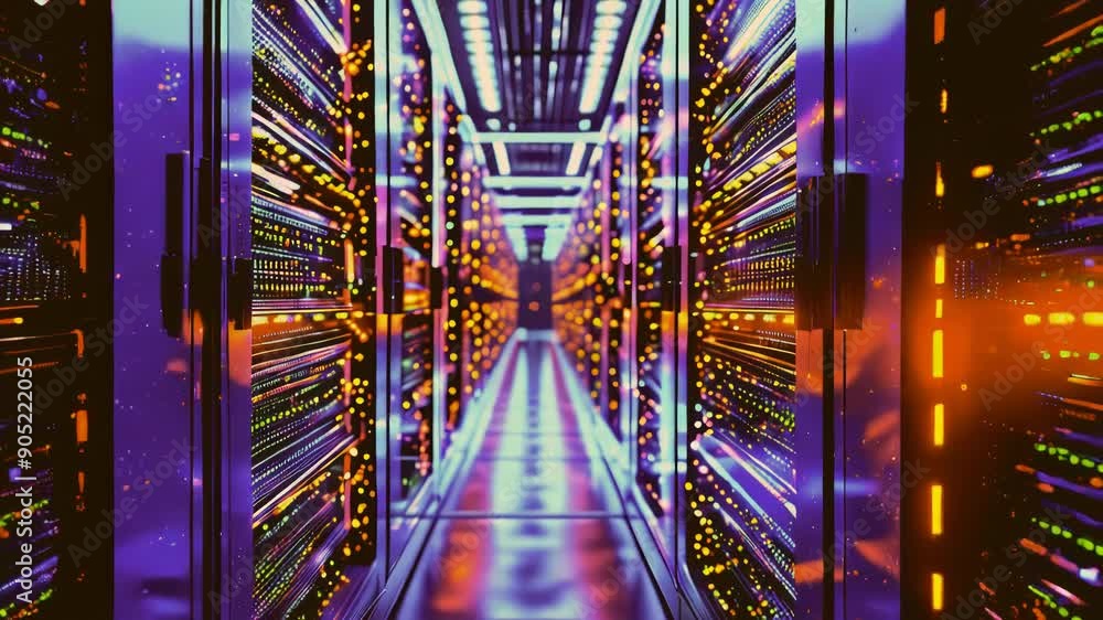 Poster digital of information flowing through rack servers in a data center. rendering