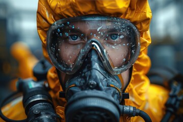 Worker protective gear handling hazardous materials emphasizing safety protocols factory