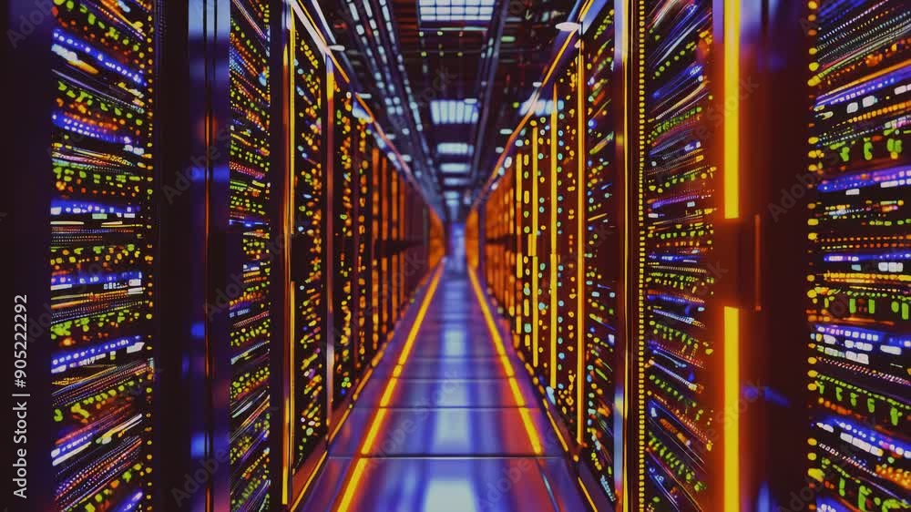 Poster flow of information moving through rack servers in a data center. rendering.