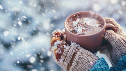 Hands in mittens holding a mug of hot chocolate in a snowy landscape.  - Powered by Adobe