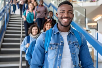 Fototapeta premium Smiling Student In A Denim Jacket Standing In A Line